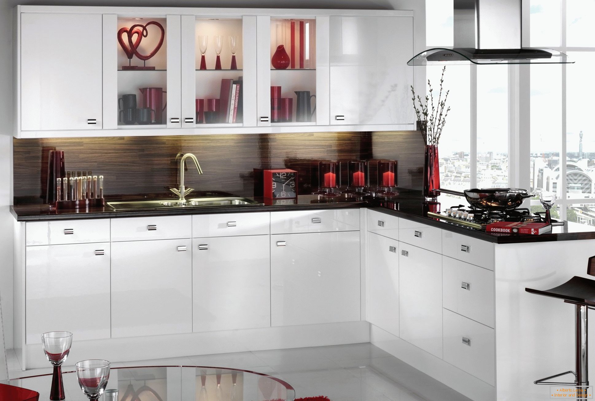 Black and red in the design of the white kitchen