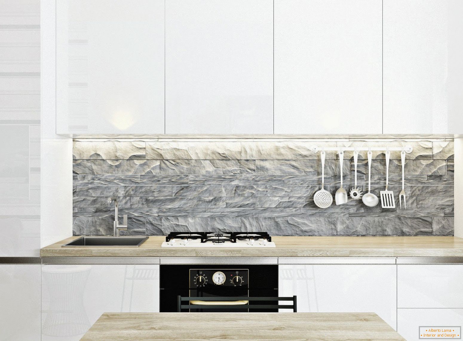 Stylish kitchen in the style of white minimalism