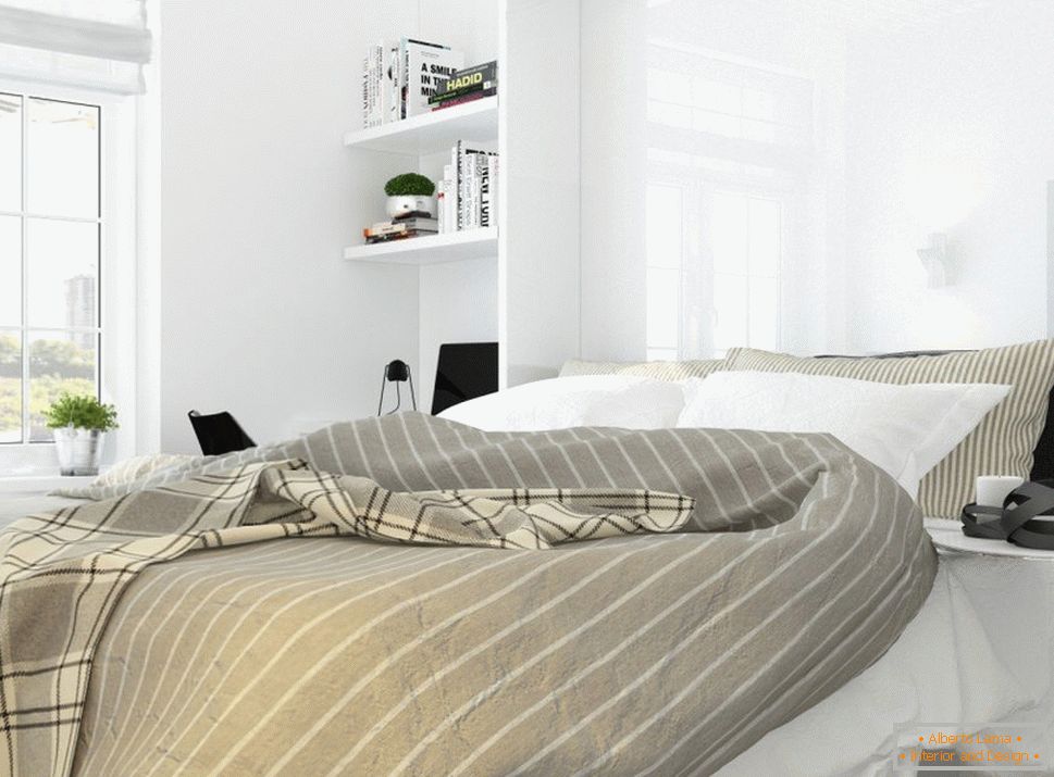 Interior design of a bedroom in the style of white minimalism