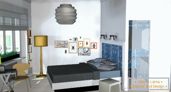 Interior of a small apartment: a bedroom with a dressing room