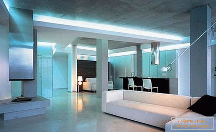 The lighting of the rooms is hidden, bluish. For spotlighting a floor lamp-