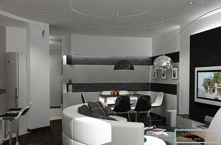 Successful design of a small room in the style of high-tech. Not boring and cozy. Everything is in its place.