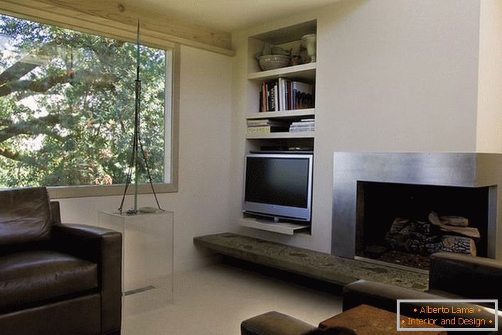 Fireplace and a large solid window of the classic style hi-tech.
