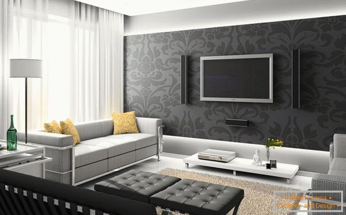 Air white curtains distract from the black in the interior of the room.