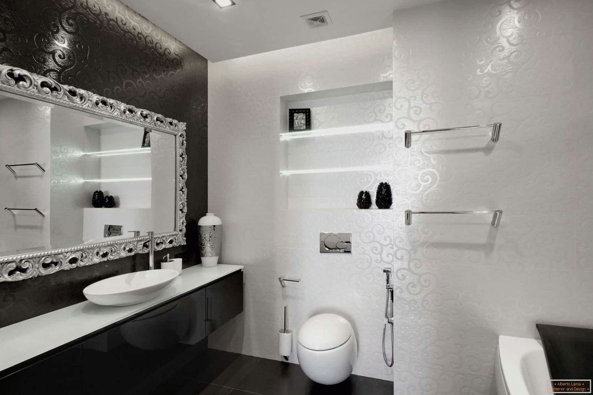 Black and white bathroom with bath
