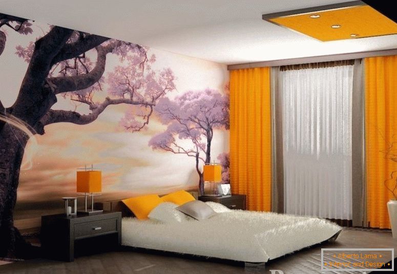 Photo wallpapers with sakura and orange curtains in the bedroom