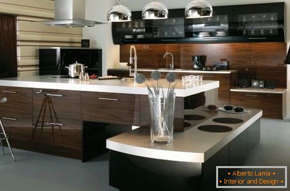 Kitchen design in high-tech style in dark colors