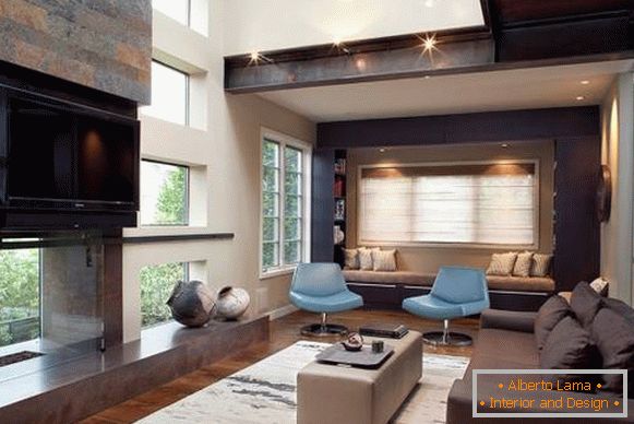 Living room with high ceilings in high tech style