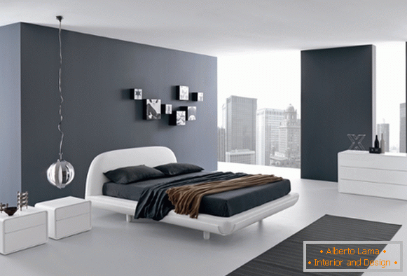 Black and white bedroom in high-tech style