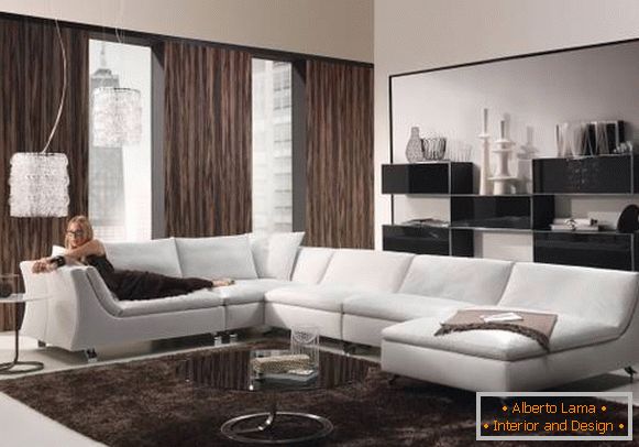 Design of the living room and curtains in high-tech style