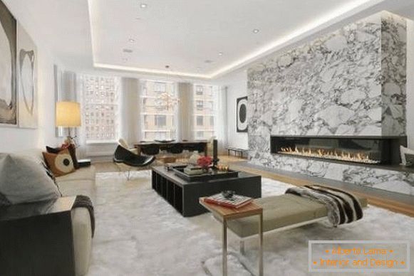 Living room with fireplace in high-tech style