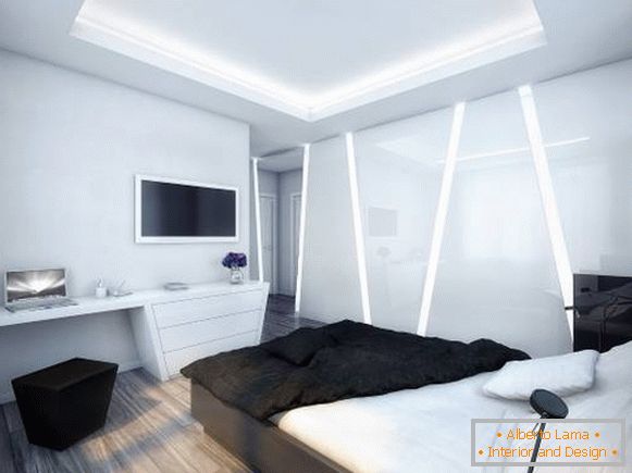 Futuristic interior of the bedroom in high-tech style