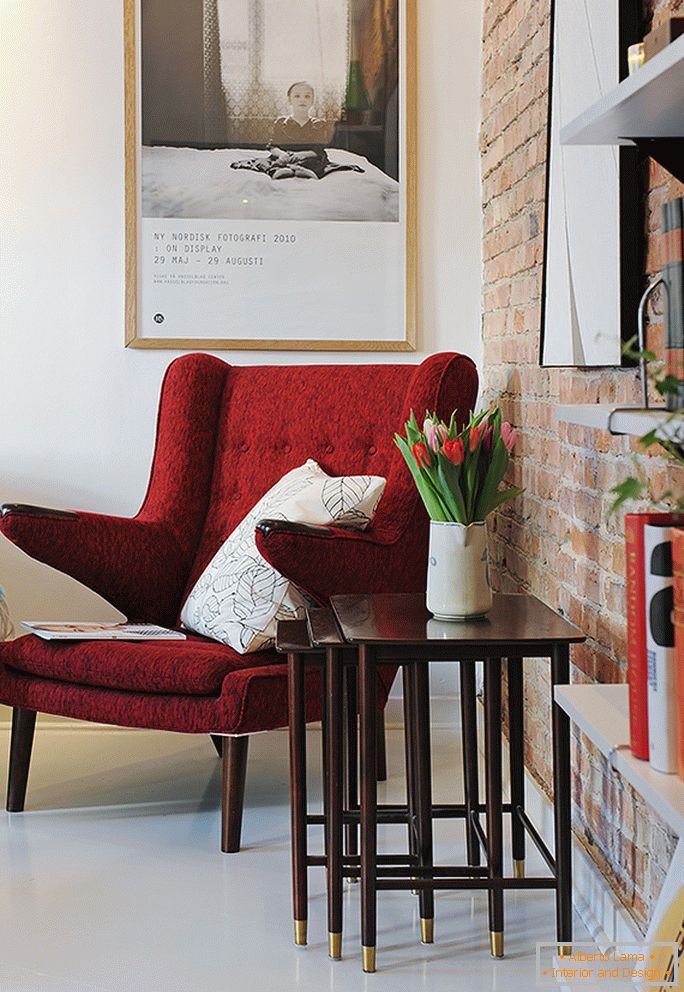 Red armchair with coffee table