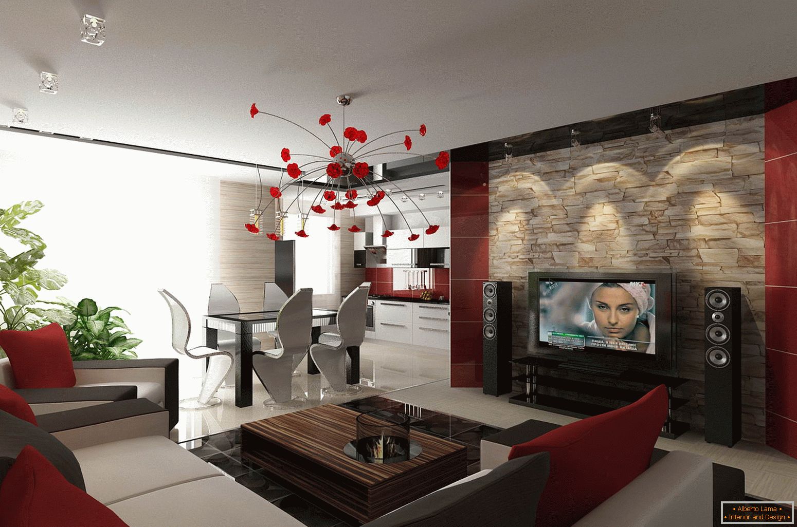 Red accents in the design of a small apartment
