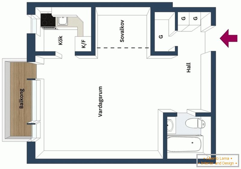 The layout of a studio apartment with a bedroom under the ceiling