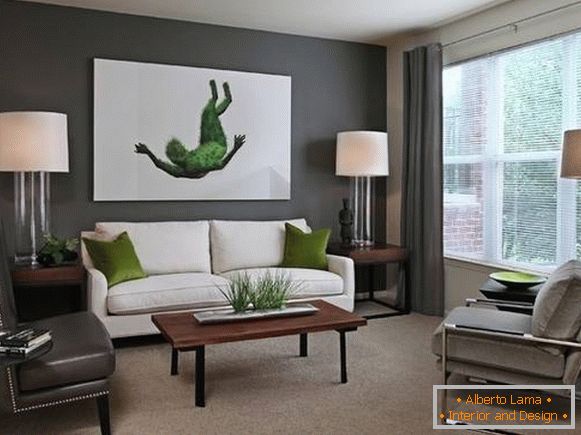 Gray and green color in the interior of the living room in the photo
