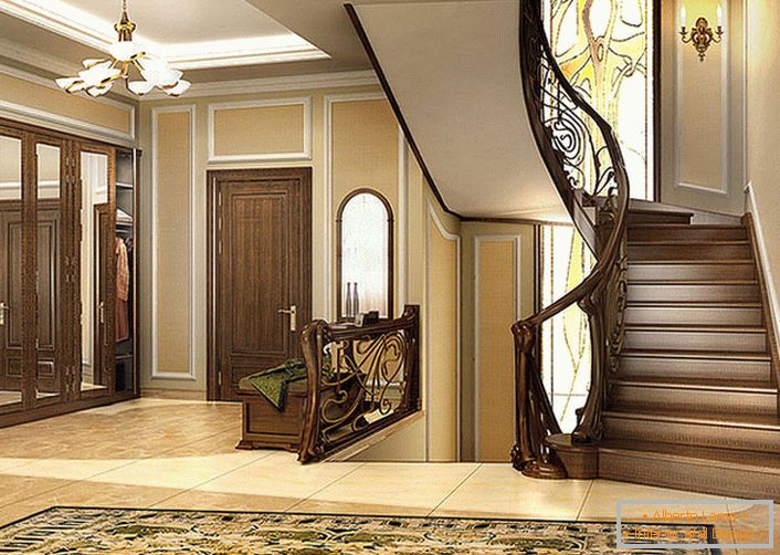 An elegant combination of smooth lines and warmth of natural wood is the main feature of the modern style. The staircase and the interior of the house look like one. 