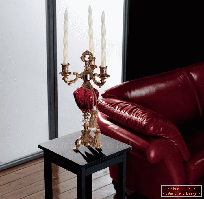 The copper candelabrum is stylized as a general interior composition.