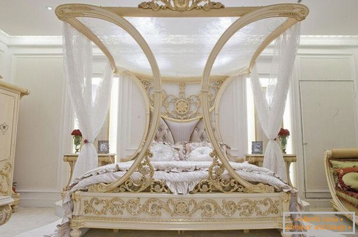 A luxurious bed with a canopy becomes the culmination of a design project for a bedroom in the Art Nouveau style.