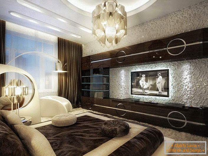 Chic interior bedroom in the Art Nouveau style. Lacquered furniture from dark wood is spacious and functional.