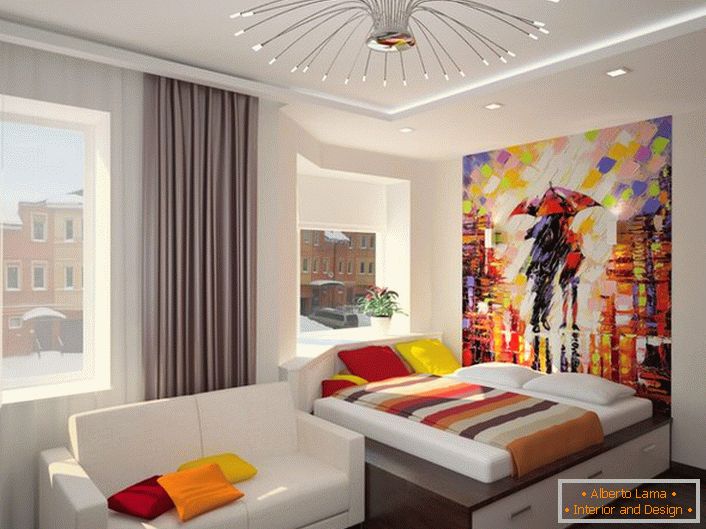 Creative design of the bedroom in the Art Nouveau style. The use of bright juicy colors makes the room really cozy and warm.