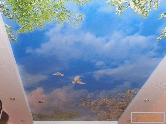 Stretched ceilings with photo printing are appropriate in the design of any room. A harmonious picture of the blue sky with white pigeons will look especially attractive in the guest room.