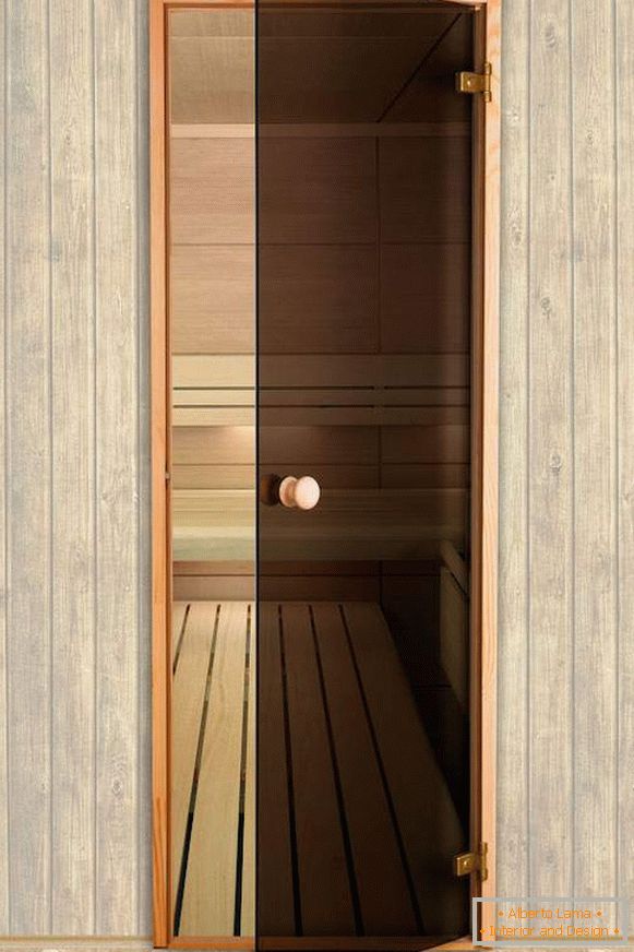 Glass door for sauna and sauna with beautiful loops