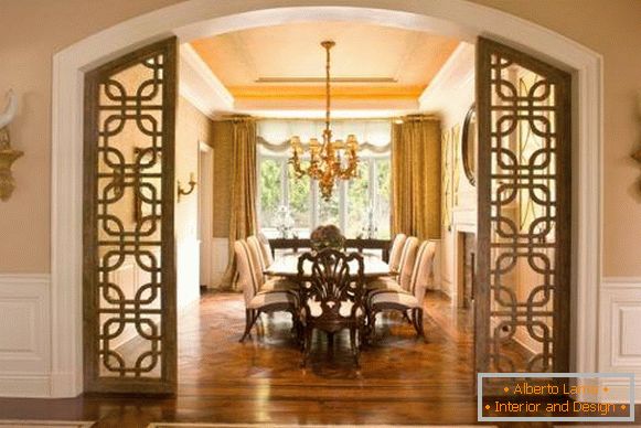 Dining area with luxurious chandelier