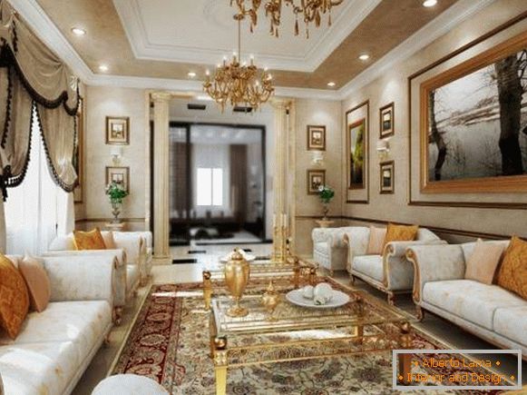 Living room with chandeliers and gold-tinted decor