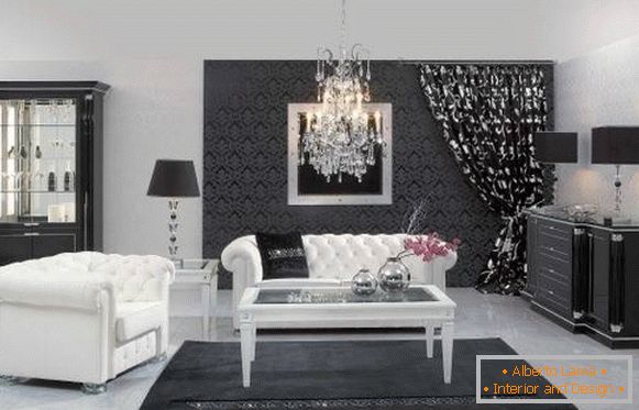 Black and white room with a crystal chandelier