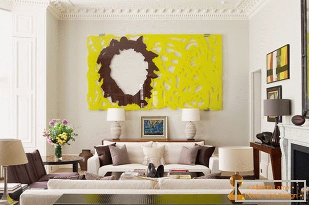 Bright living room with fireplace and bright yellow panel