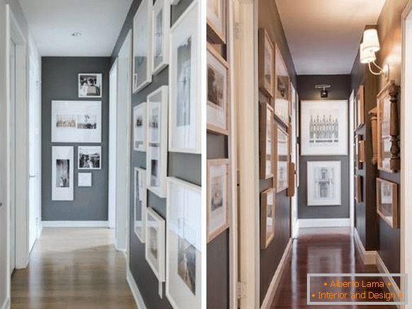 Design of a narrow corridor in the apartment with photos and paintings on the walls