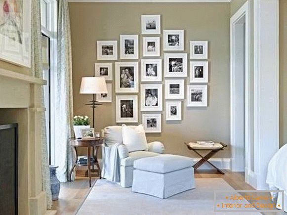 Black and white photos on the wall in the interior