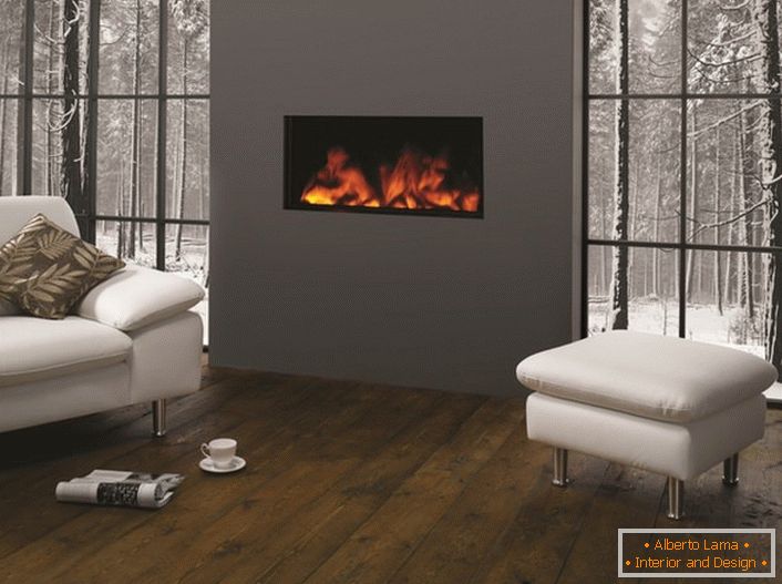 Large windows in a spacious living room in a large hunting lodge. In the wall is mounted a large fireplace with a fire simulation - an excellent solution for a room in the modern style.