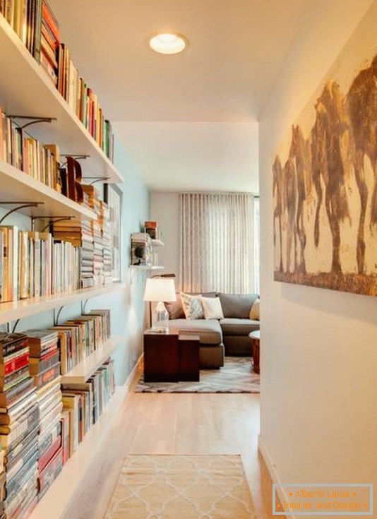 Open book shelves in the design of the corridor