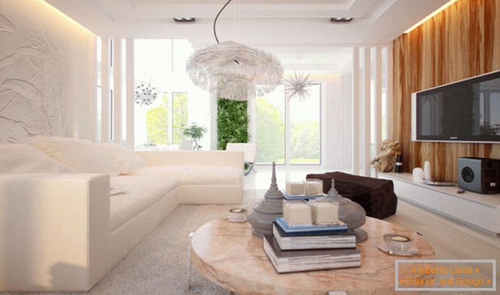 Interior of the living room in a modern high-tech style. A minimum of variegated decoration, modern technology and futuristic design of the decor. 
