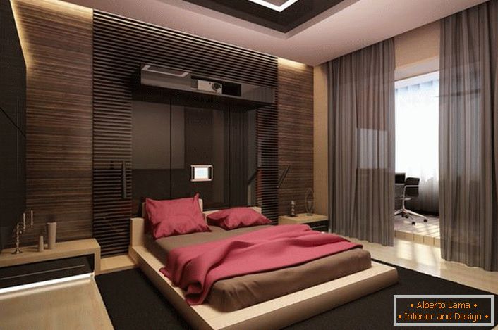 A spacious bedroom in the style of minimalism. Bold design decision.