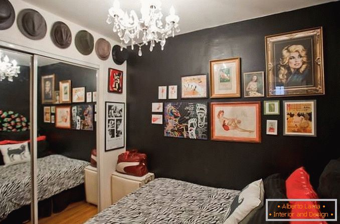 Black and white bedroom in eclectic style