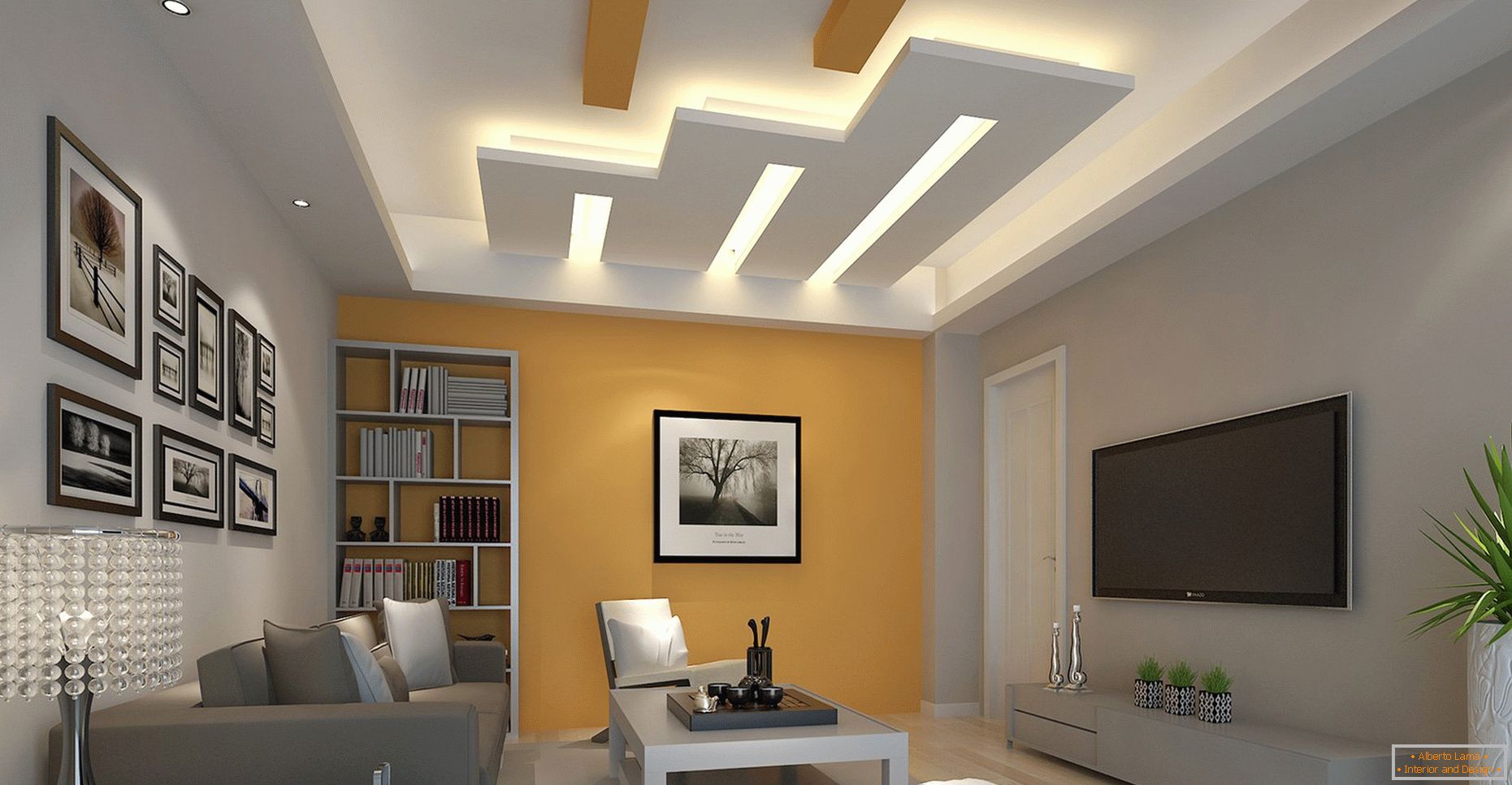 Geometric figures in the ceiling design with illumination