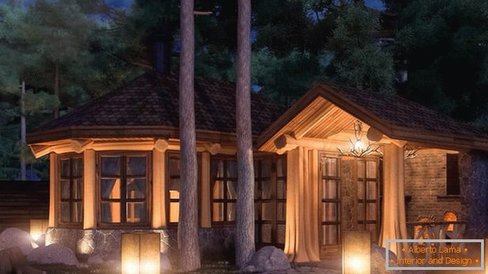 A glazed gazebo in the style of a chalet is also suitable for winter holidays. Properly selected lighting makes the situation mysterious and romantic.