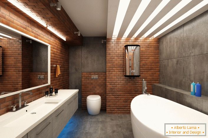 Simulation of brickwork in the bathroom in loft style is harmoniously combined with snow-white furniture.