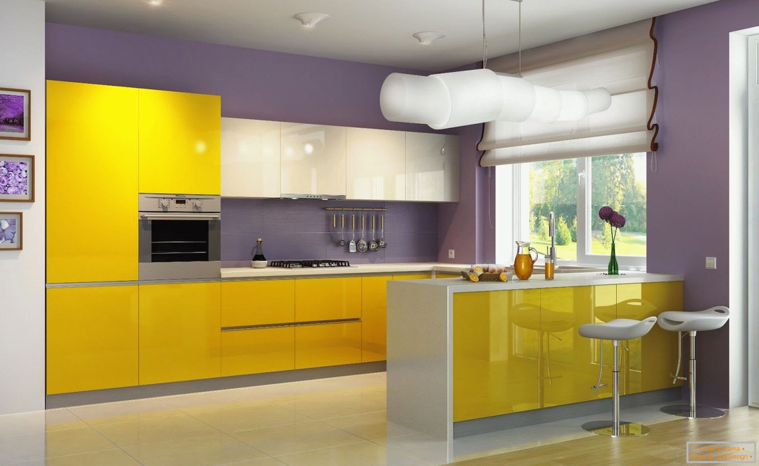 The combination of yellow and purple flowers in the kitchen