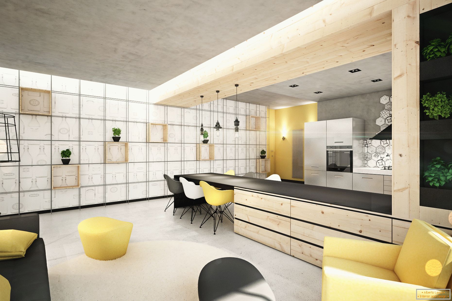 Interior of a small apartment with yellow and black accents