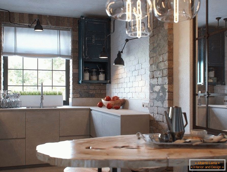 Small kitchen and dining room in loft style