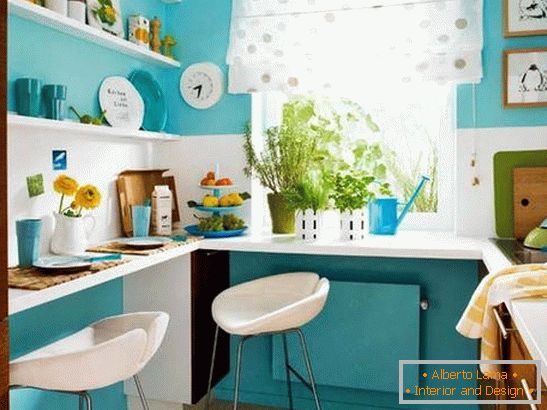 Interior of a small kitchen in turquoise color