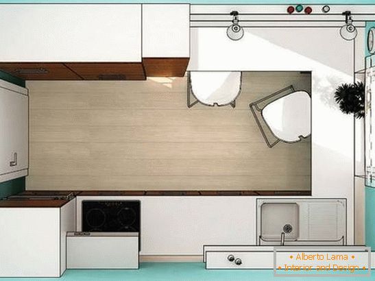 The plan of a small kitchen in turquoise color