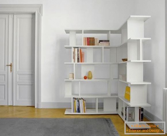 Stylish corner shelf on the floor in the interior