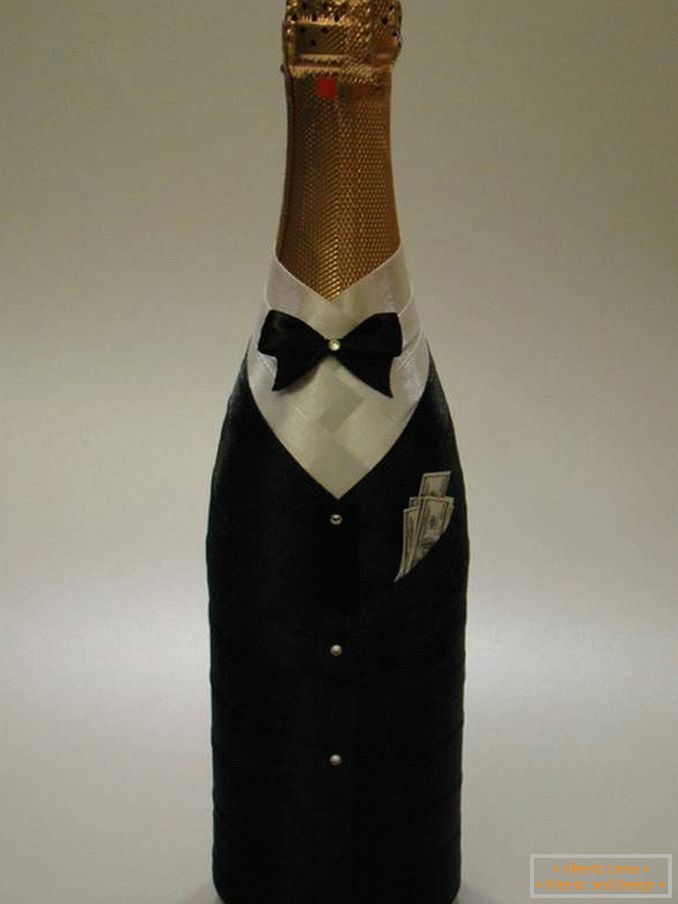 How to beautifully decorate a bottle with ribbons for a wedding - a groom's outfit