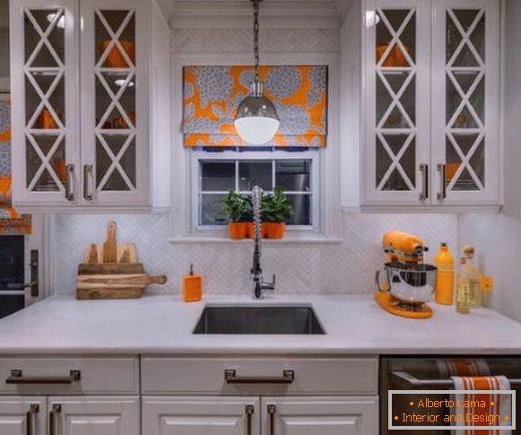 Kitchen decor with own hands with bright utensils, dishes and curtains