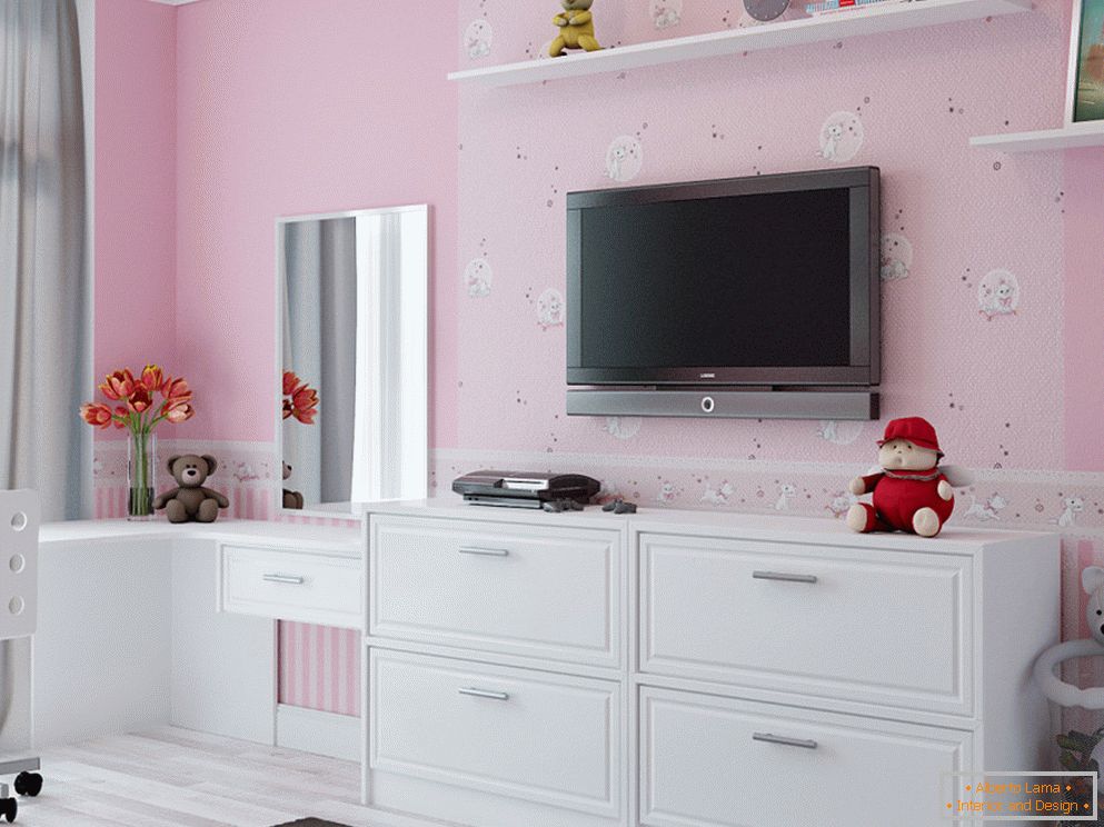 White chest of drawers and wall-hung TV